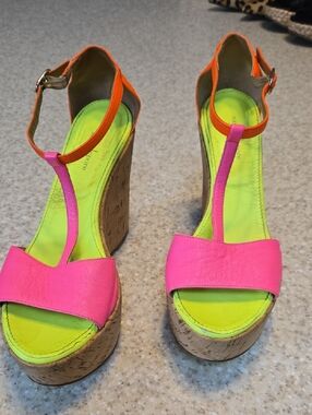 Nanette Lepore Neon Pink and Lime T-Strap Cork Wedge Sandals
